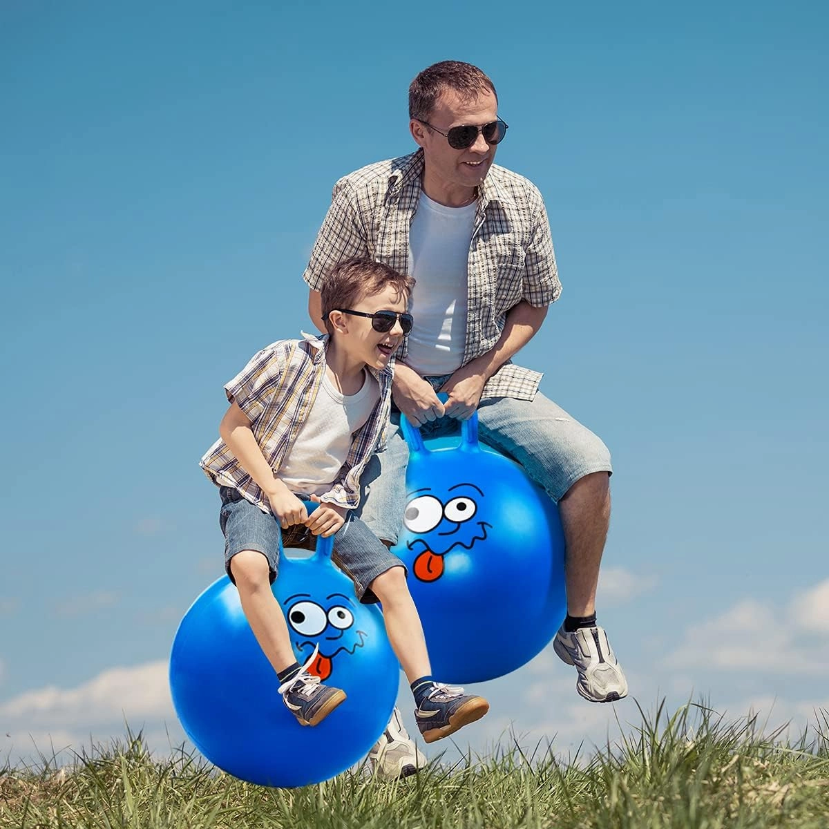 U&C Planet Hopper Ball 22 inches Bouncy Ball with Handle for Kids Age 7-12 Hoppity Hop Sit and Bounce Jumping Hopping Toy with Pump and Gift Box Great Gift for Birthday Christmas, Blue