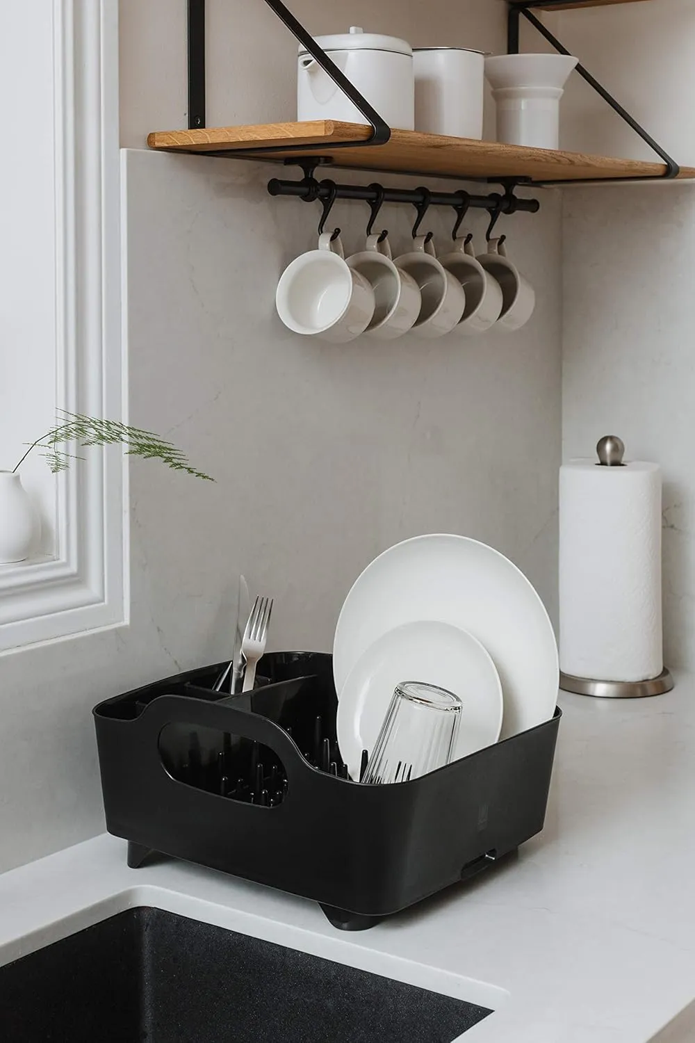 Umbra Tub Dish Drying Rack – Lightweight Self-Draining Dish Rack for Kitchen Sink and Counter at Home, RV or Motorhome, Smoke