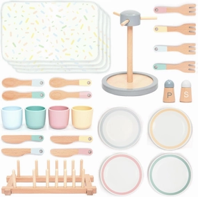 UMU® Large Wooden Dish Set – 28-Piece Tableware for Kids' Play Kitchen with Plates, Cups, Cutlery & Drying Rack – Pretend Play Kitchen Accessories for Children Ages 3 4 5 6
