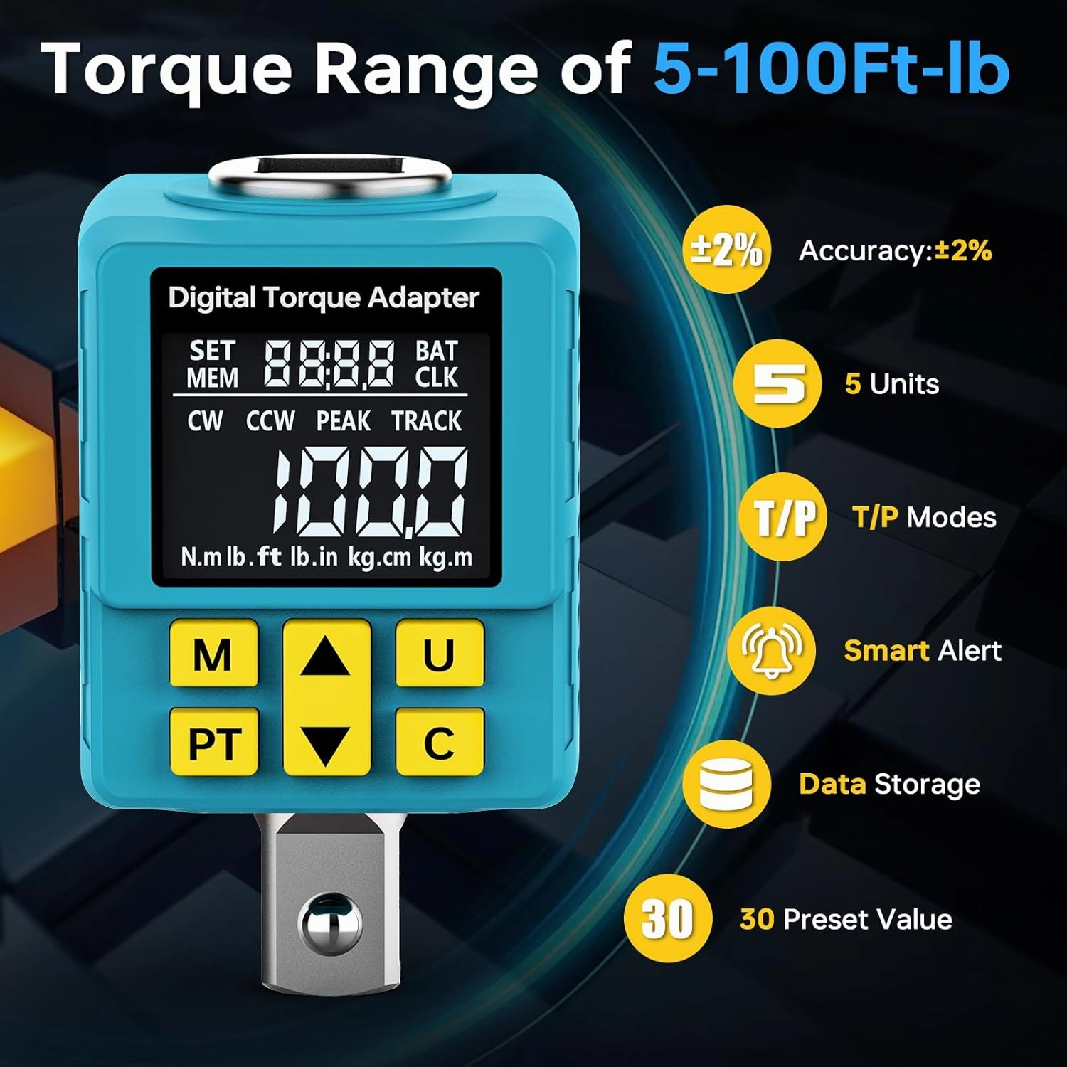 Upgrade 1/2" Digital Torque Adapter, (±1% Accuracy, 5-100Ft-lb), Precision Digital Torque Wrench Adapter with Color Display, Smart Alert, 1/4", 3/8" Converters for Auto, DIY & Home Repairs(135N.m)