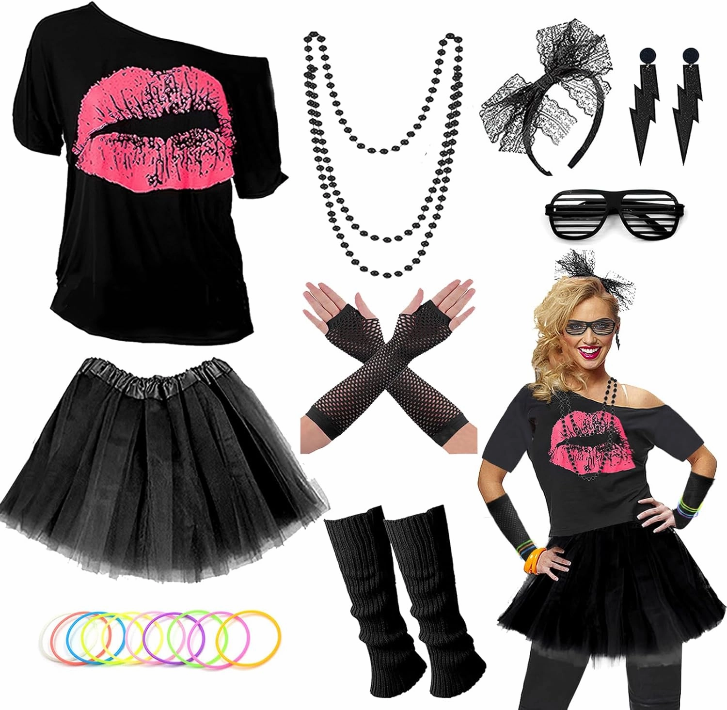 Upgraded 80s Outfit Costume for Women,80s Party Costume Accessory Sets with T-Shirt Tutu Skirt Waist Pack etc