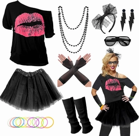 Upgraded 80s Outfit Costume for Women,80s Party Costume Accessory Sets with T-Shirt Tutu Skirt Waist Pack etc