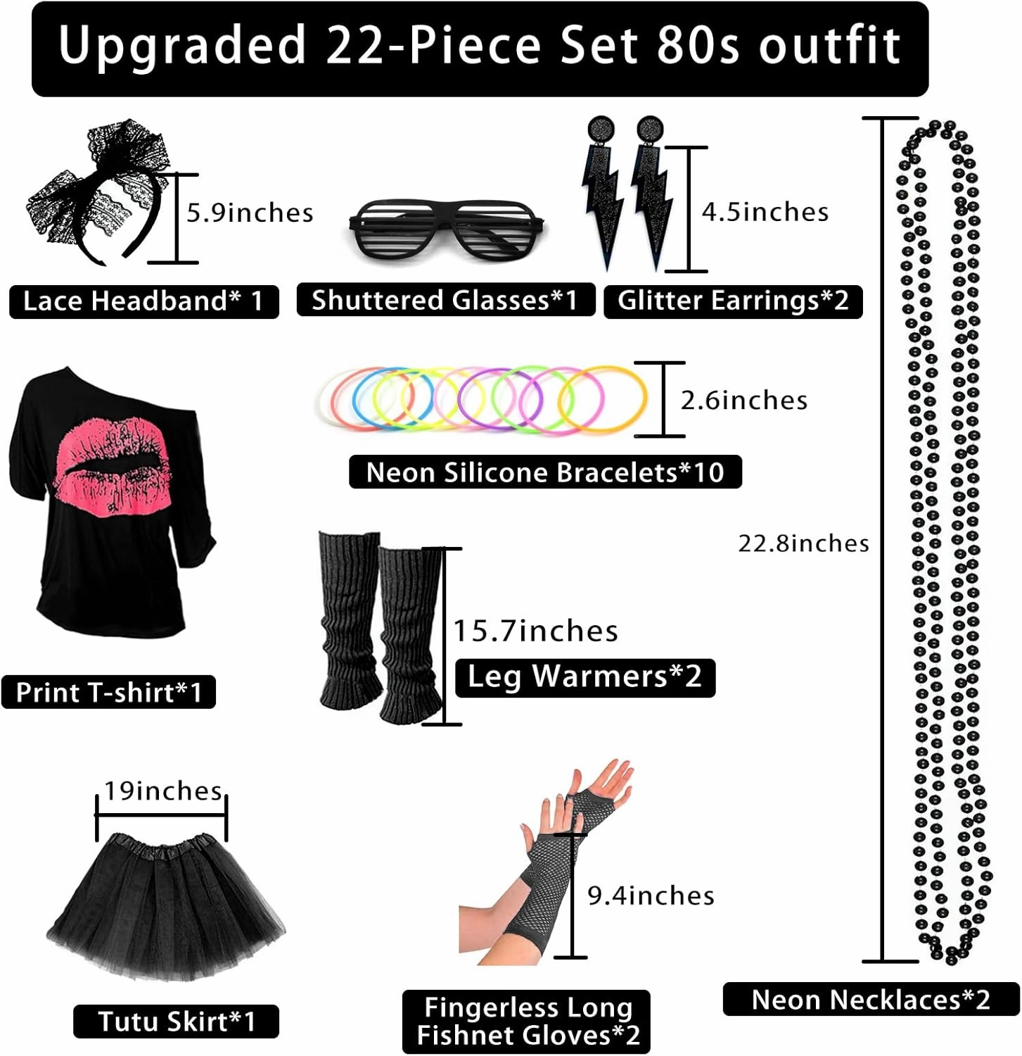 Upgraded 80s Outfit Costume for Women,80s Party Costume Accessory Sets with T-Shirt Tutu Skirt Waist Pack etc