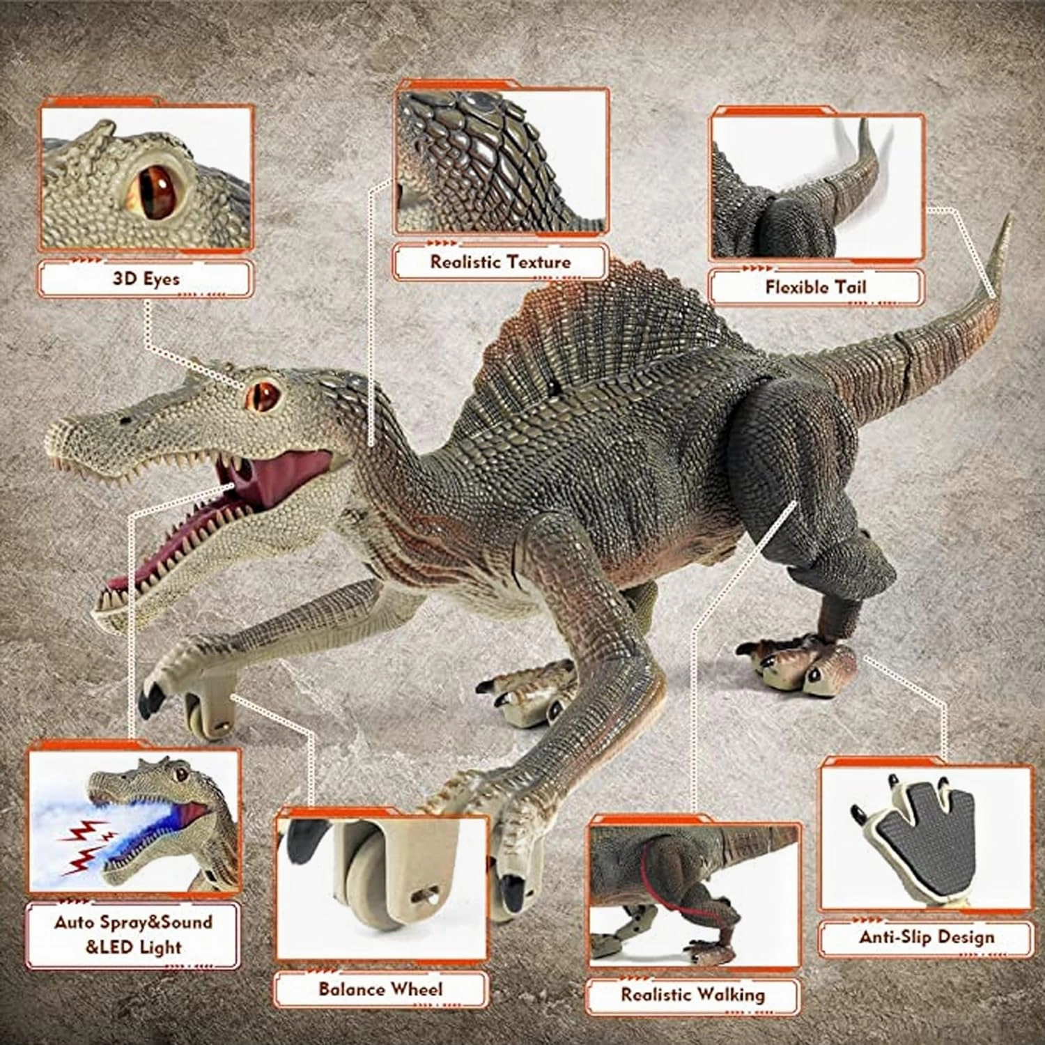 Upgraded Dinosaur Toys for Kids 3-5-7 Years Old, Remote Control Spinosaurus Toys with Indicator Light Chasing&Spray& Roar, Realistic RC Walking Dinosaur Robot Gifts Stocking Stuffers for Kids Boys