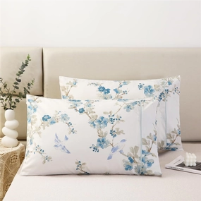 URBONUR 100% Cotton Pillowcases Set of 2 Standard Size Floral Printed Pillow Cases Soft Breathable Cooling Pillowcase Decorative Pillow Cover (Standard, 20x26 Inches, Blue Plum Blossom)