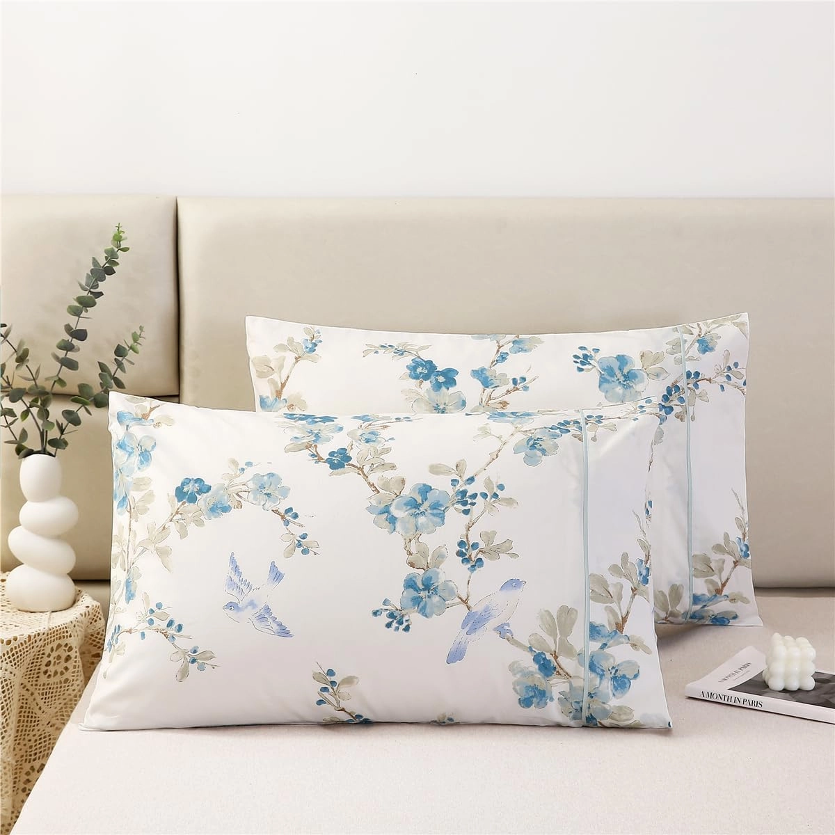 URBONUR 100% Cotton Pillowcases Set of 2 Standard Size Floral Printed Pillow Cases Soft Breathable Cooling Pillowcase Decorative Pillow Cover (Standard, 20x26 Inches, Blue Plum Blossom)