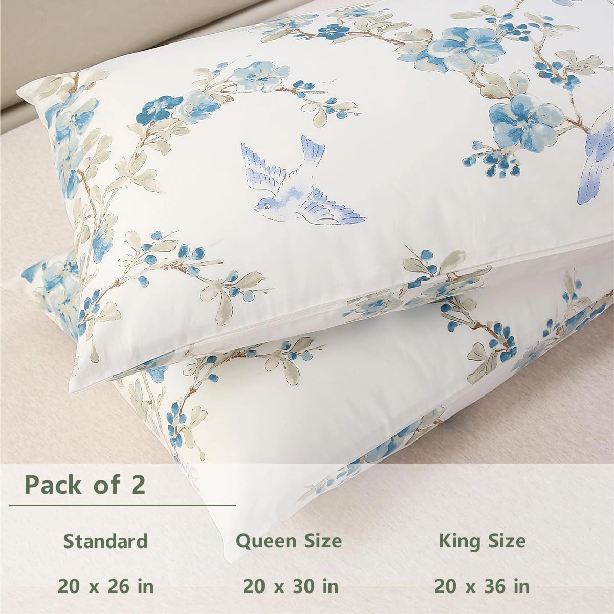 URBONUR 100% Cotton Pillowcases Set of 2 Standard Size Floral Printed Pillow Cases Soft Breathable Cooling Pillowcase Decorative Pillow Cover (Standard, 20x26 Inches, Blue Plum Blossom)