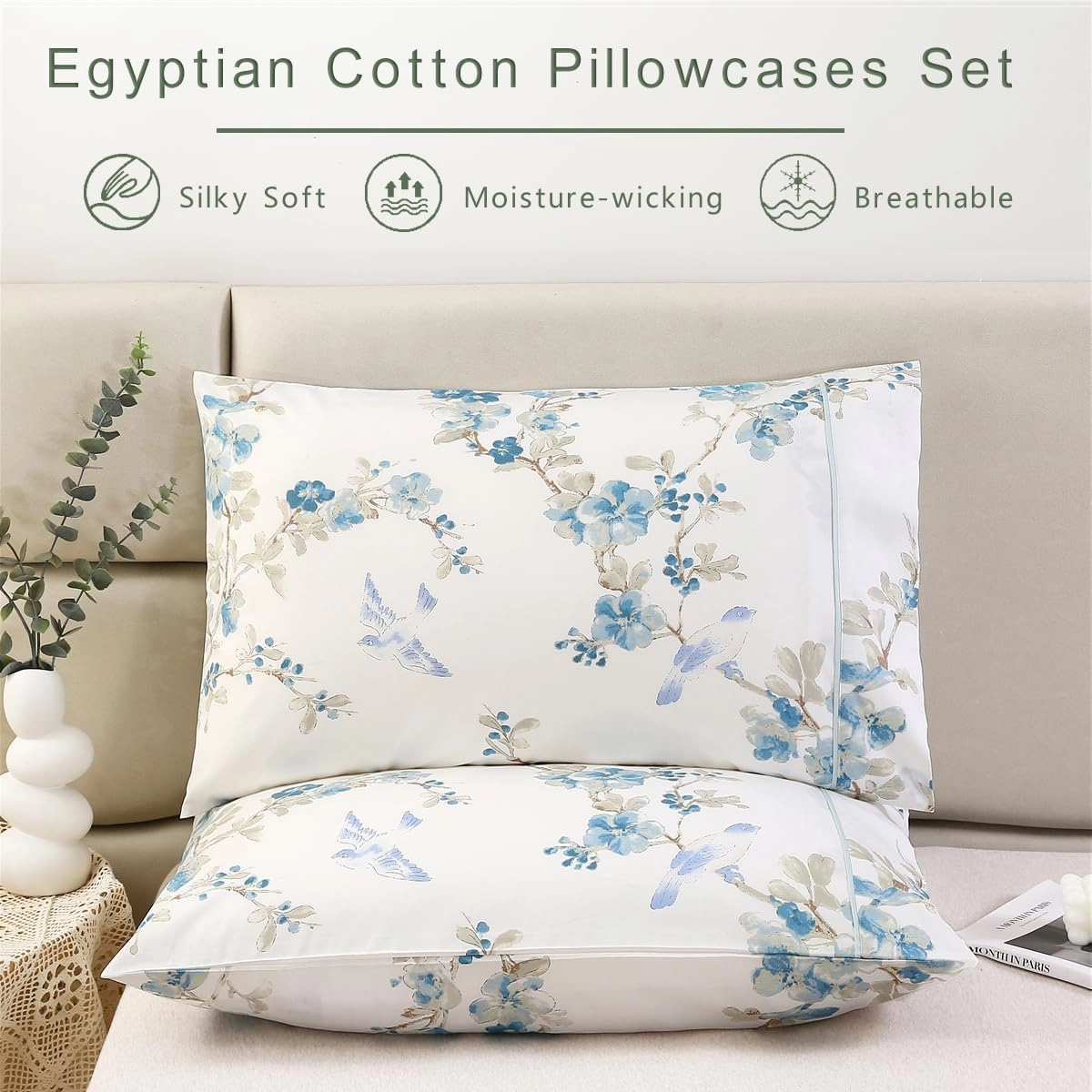 URBONUR 100% Cotton Pillowcases Set of 2 Standard Size Floral Printed Pillow Cases Soft Breathable Cooling Pillowcase Decorative Pillow Cover (Standard, 20x26 Inches, Blue Plum Blossom)