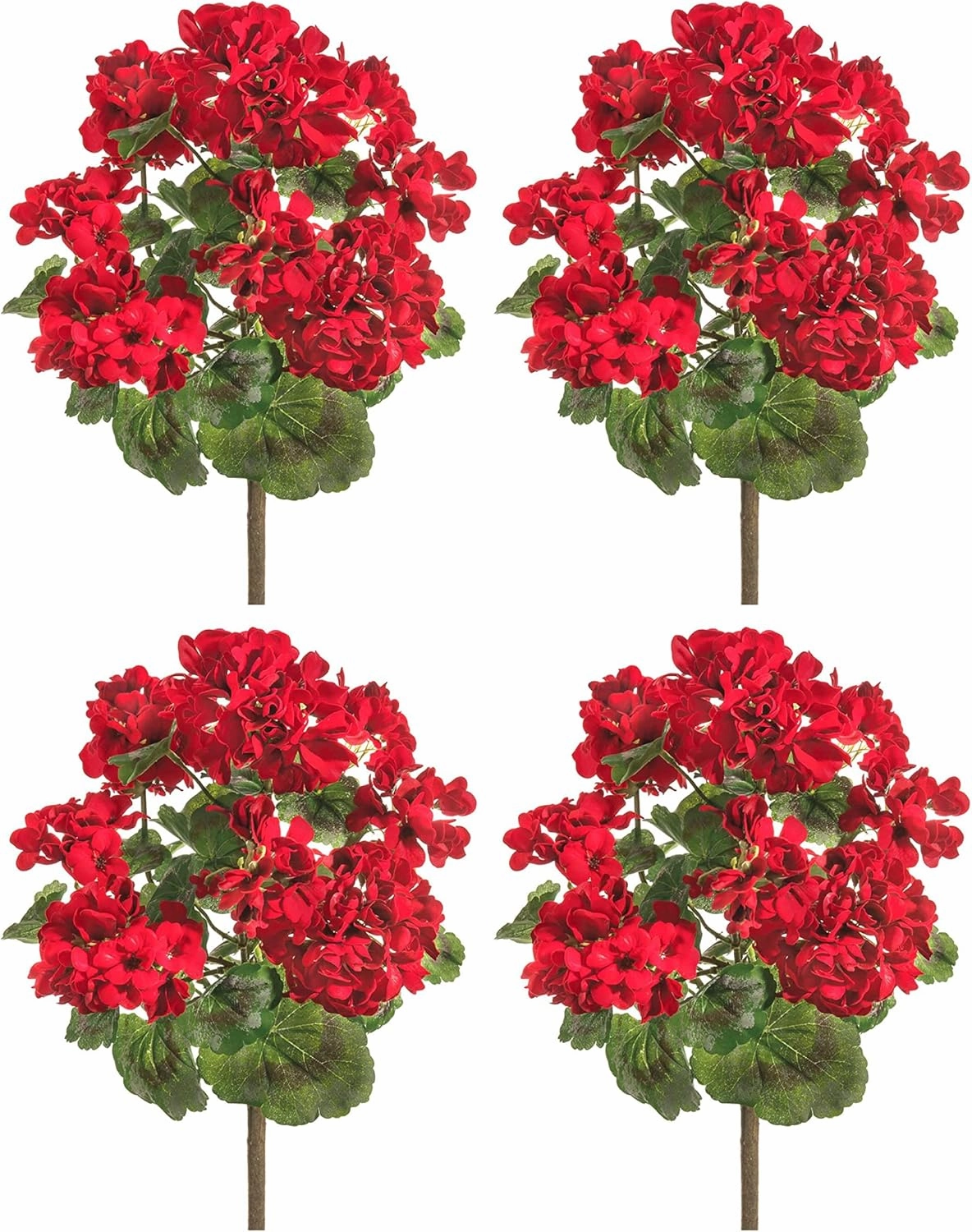 UV Protected Artificial Red Geranium Flower Bushes, Set of 4-18 Inches High, Indoor and Outdoor Use, Artificial Geranium Flowers
