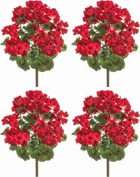 UV Protected Artificial Red Geranium Flower Bushes, Set of 4-18 Inches High, Indoor and Outdoor Use, Artificial Geranium Flowers