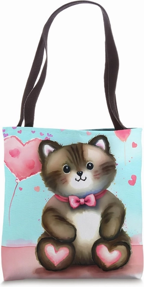 Valentine's Day Love Heart Cat Teddy Girlfriend Fiancée Wife Tote Bag
