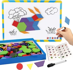 Vanmor 216PCS Magnetic Pattern Blocks Set Complete with 298 Pattern Book Magnet Board Magnetic Shapes for Kids Educational Montessori Tangram Toy for Children Aged 3 8 Portable Travel Game