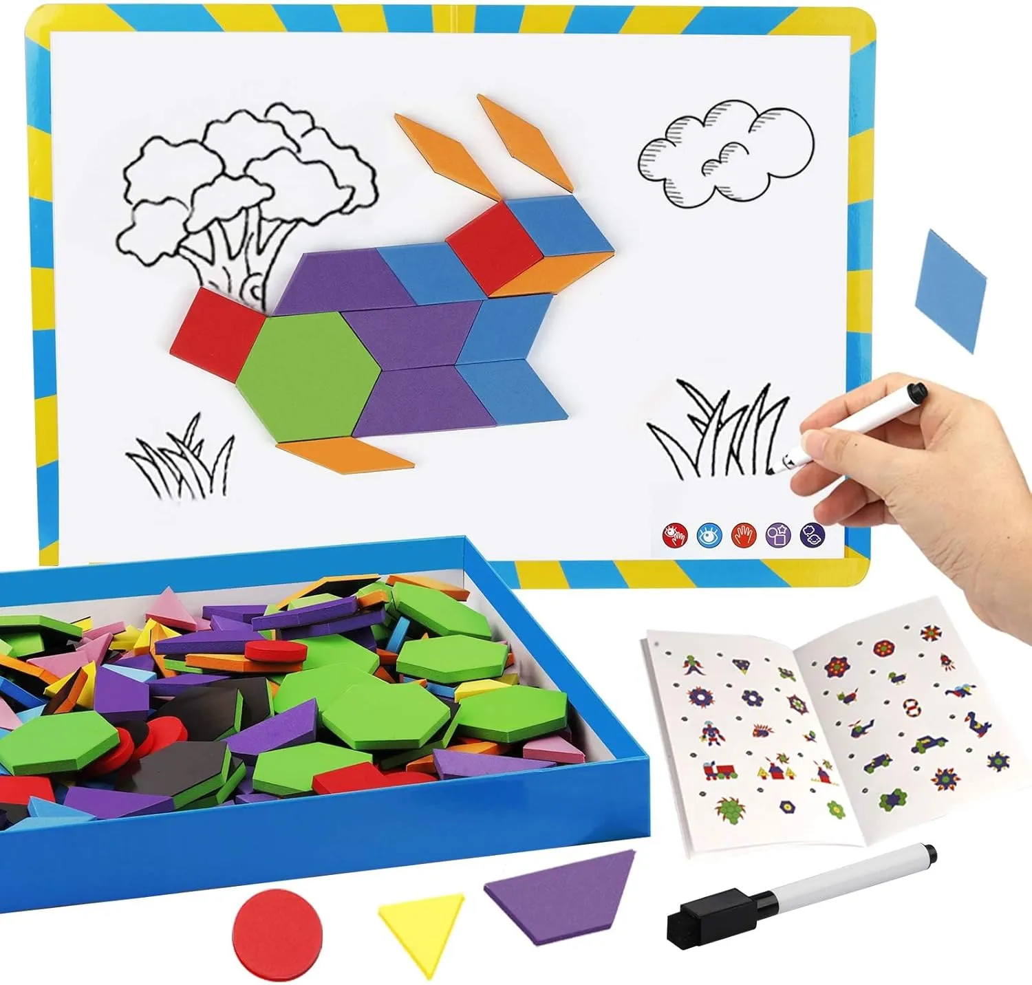 Vanmor 216PCS Magnetic Pattern Blocks Set Complete with 298 Pattern Book Magnet Board Magnetic Shapes for Kids Educational Montessori Tangram Toy for Children Aged 3 8 Portable Travel Game