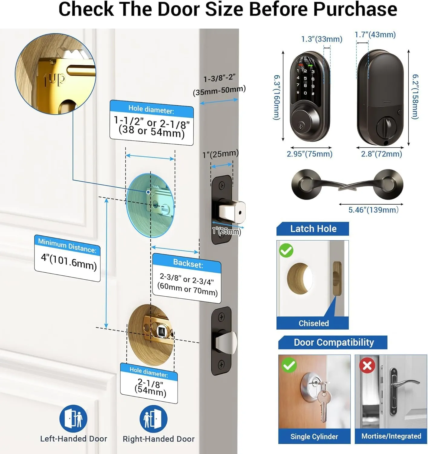 Veise RZ06B Smart Locks for Front Door, 2 Lever Handle Set, Keyless Entry Deadbolt, App Control, Electronic Digital Touchscreen Keypad, Auto Lock, IP54 Waterproof, Easy Installation, Matte Black