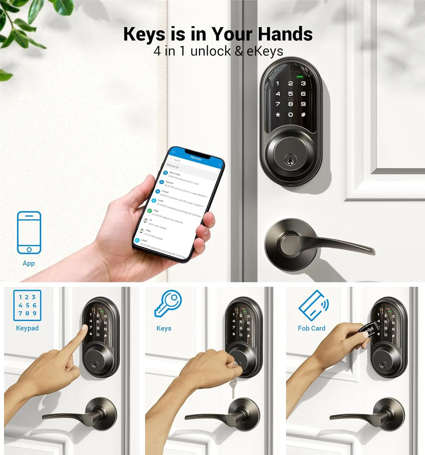 Veise RZ06B Smart Locks for Front Door, 2 Lever Handle Set, Keyless Entry Deadbolt, App Control, Electronic Digital Touchscreen Keypad, Auto Lock, IP54 Waterproof, Easy Installation, Matte Black