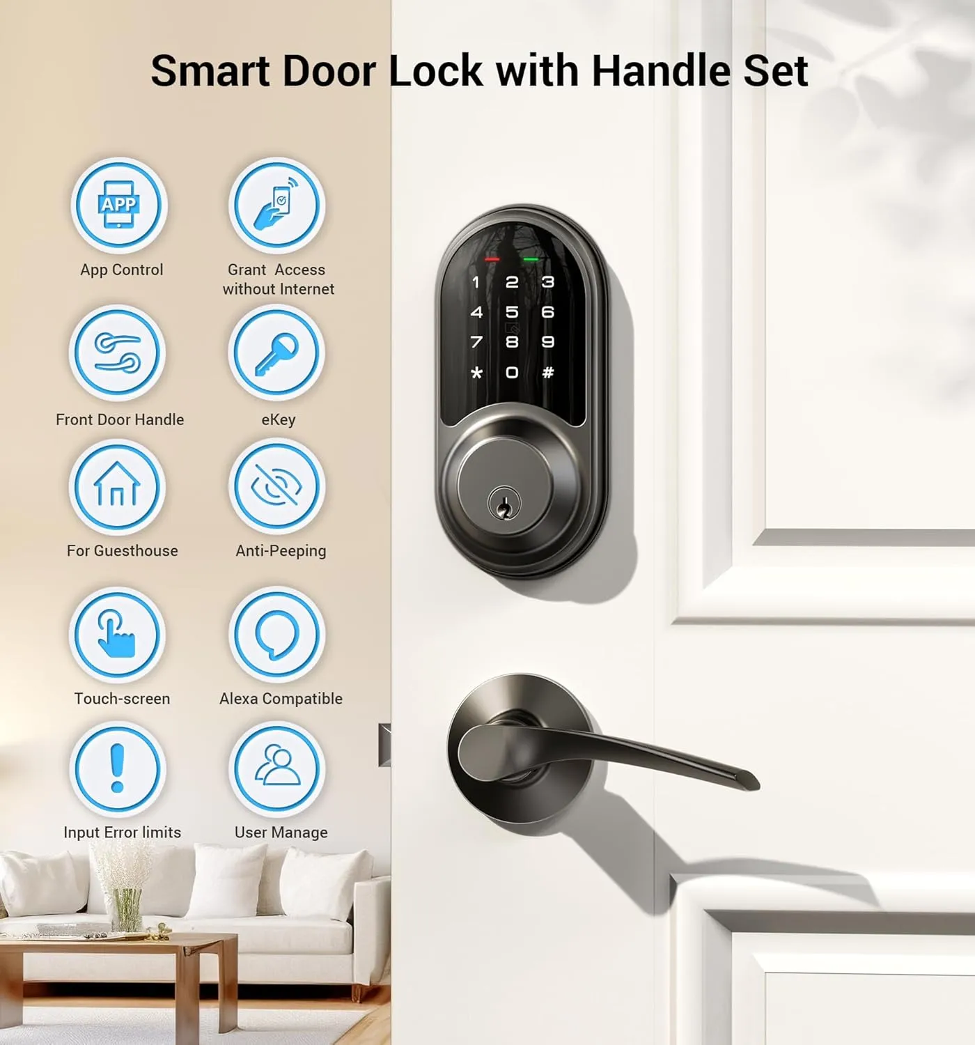 Veise RZ06B Smart Locks for Front Door, 2 Lever Handle Set, Keyless Entry Deadbolt, App Control, Electronic Digital Touchscreen Keypad, Auto Lock, IP54 Waterproof, Easy Installation, Matte Black