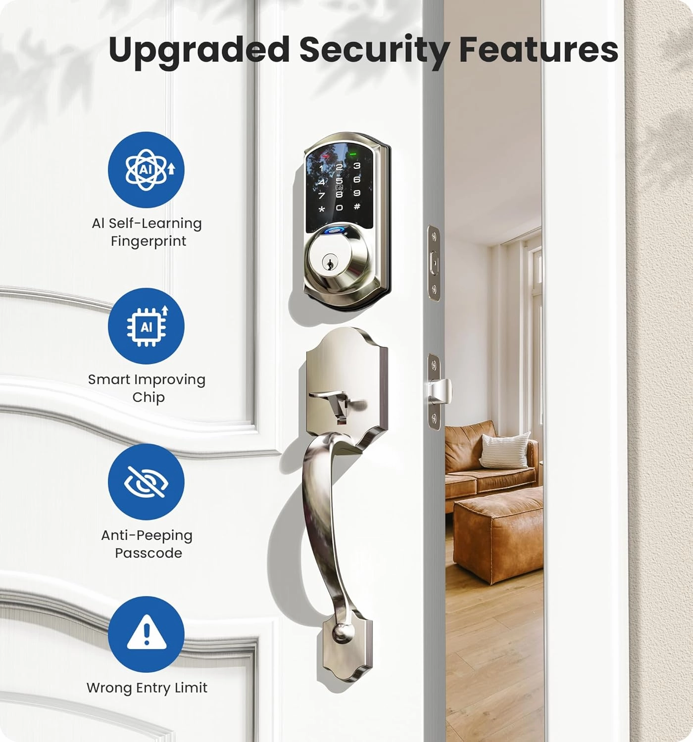 Veise VE07-H Fingerprint Smart Locks for Front Door with Handle Set, App Control, Keyless Entry Keypad Deadbolt, Digital Electronic Touchscreen, Easy Install, Auto Lock, Satin Nickel