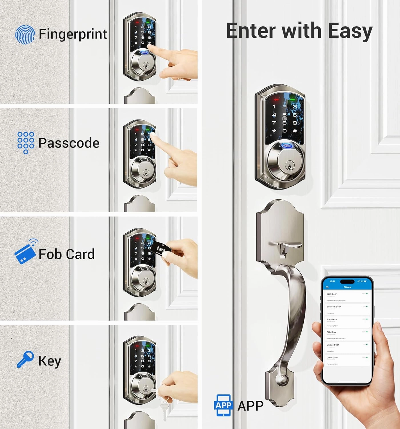 Veise VE07-H Fingerprint Smart Locks for Front Door with Handle Set, App Control, Keyless Entry Keypad Deadbolt, Digital Electronic Touchscreen, Easy Install, Auto Lock, Satin Nickel