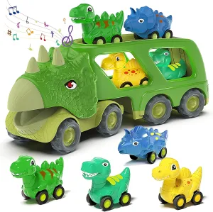 Veslier Dinosaur Car Toy for 3 4 5 Years Old Boys, Friction Power Carrier Truck with 4 Pack Small Pull Back Dino Car, Christmas Birthday Gift for 3  Boy Girl Kids Toddlers