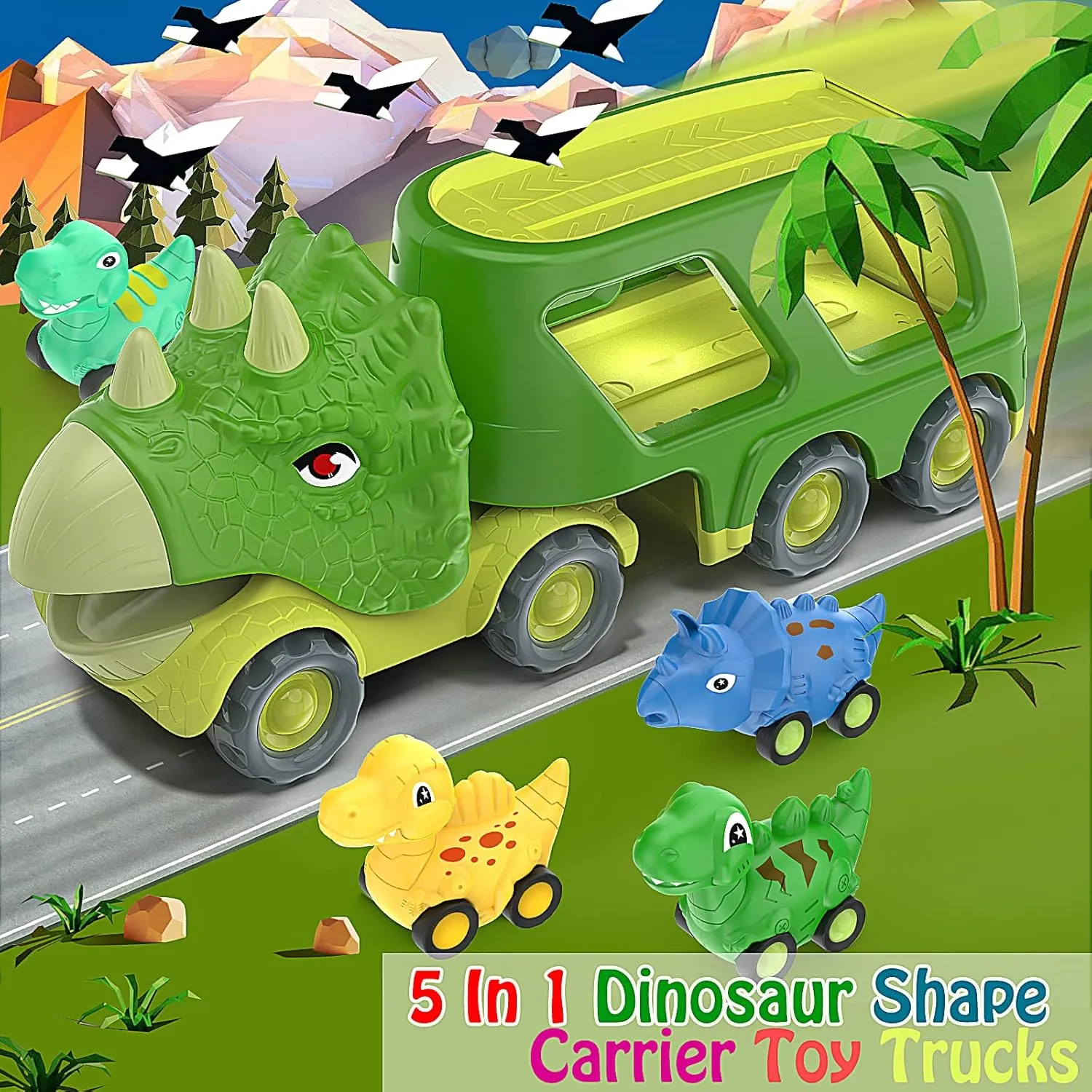 Veslier Dinosaur Car Toy for 3 4 5 Years Old Boys, Friction Power Carrier Truck with 4 Pack Small Pull Back Dino Car, Christmas Birthday Gift for 3  Boy Girl Kids Toddlers