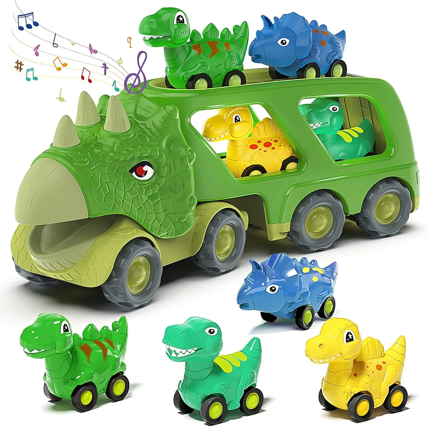 Veslier Dinosaur Car Toy for 3 4 5 Years Old Boys, Friction Power Carrier Truck with 4 Pack Small Pull Back Dino Car, Christmas Birthday Gift for 3  Boy Girl Kids Toddlers