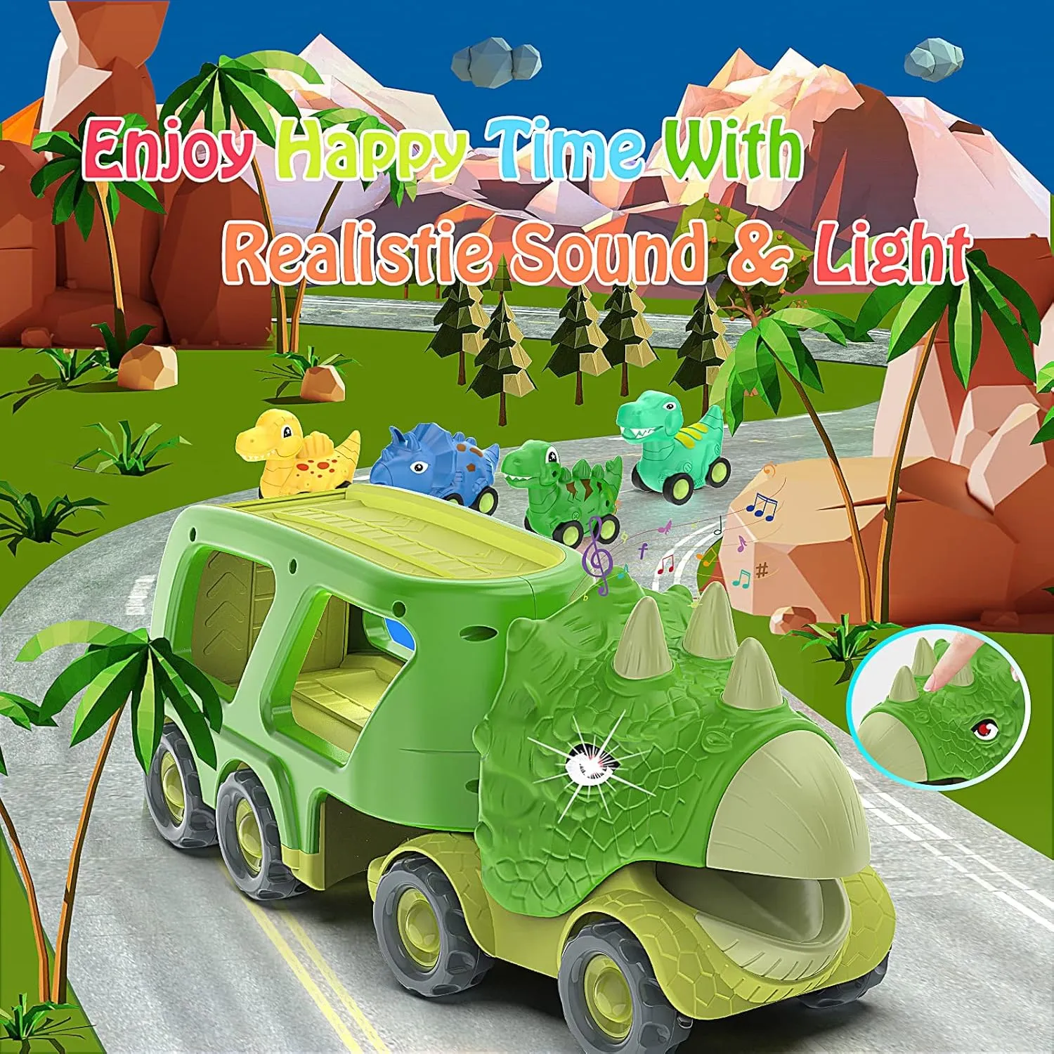 Veslier Dinosaur Car Toy for 3 4 5 Years Old Boys, Friction Power Carrier Truck with 4 Pack Small Pull Back Dino Car, Christmas Birthday Gift for 3  Boy Girl Kids Toddlers