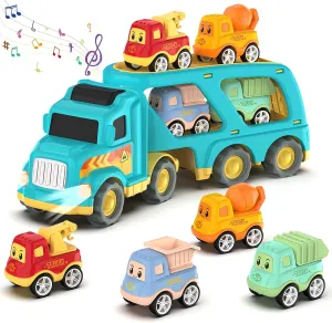 Veslier Toy Trucks for 2 3 4 5Years Old,Construction Transpor Trucks for Toddlers 2-4 Years with 4 Pull Back Cars for Toddlers 1-3,Christmas Birthday Gift for 18M  2 3 4 5 Years Old Kids Boys Girls.
