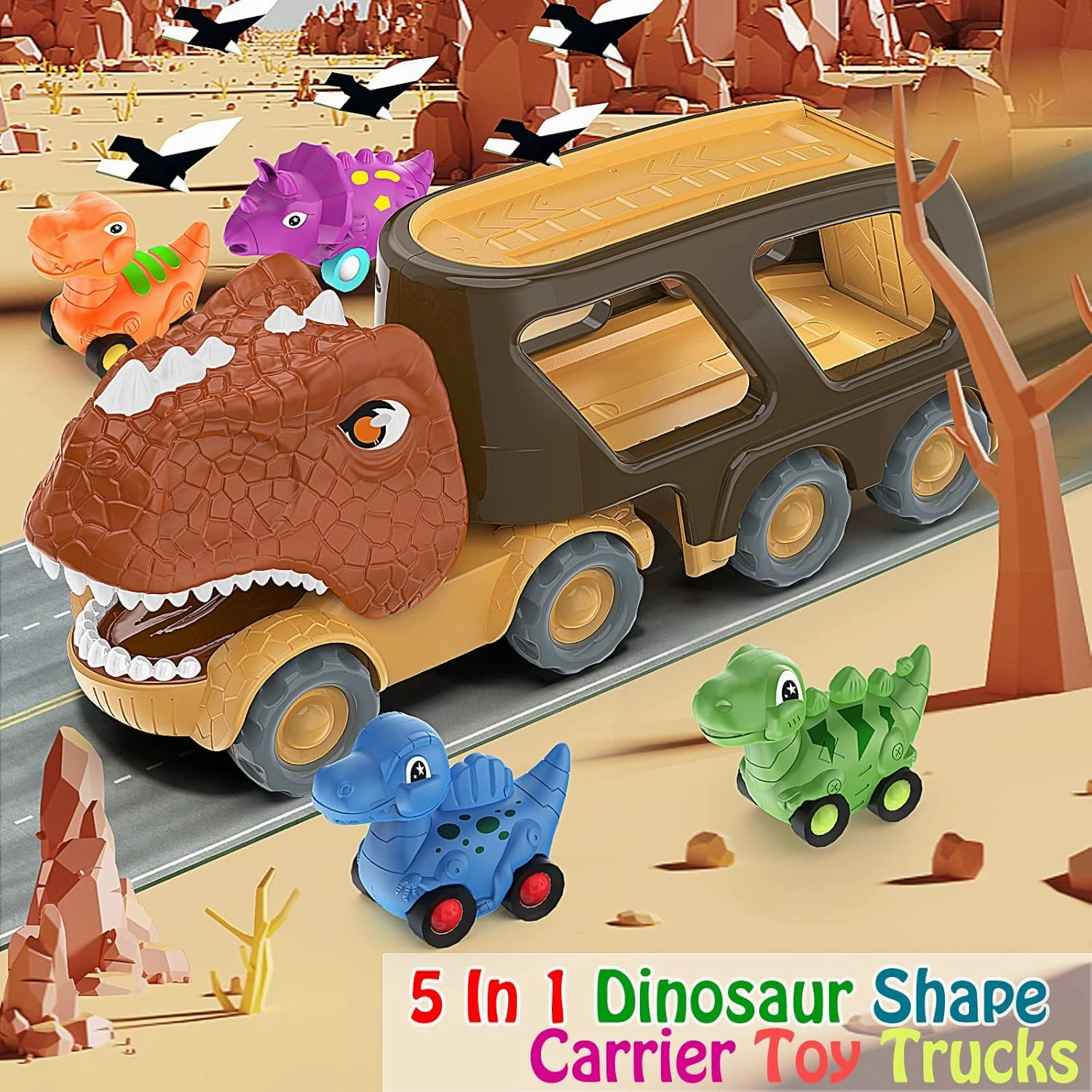 Veslier Dinosaur Car Toy for 2 3 4 5 Years Old Boys, Friction Power Carrier Truck with 4 Pack Small Pull Back Dino Car, Christmas Birthday Gift for 18  Months Boy Girl Kids Toddlers