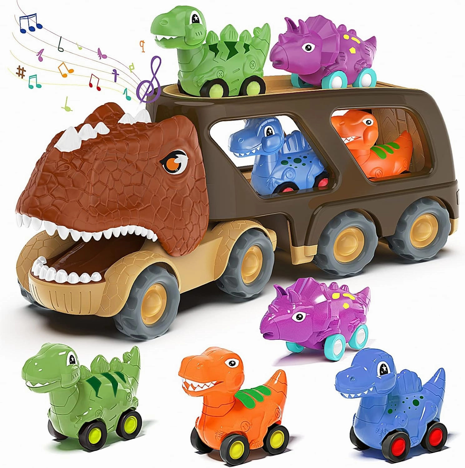 Veslier Dinosaur Car Toy for 2 3 4 5 Years Old Boys, Friction Power Carrier Truck with 4 Pack Small Pull Back Dino Car, Christmas Birthday Gift for 18  Months Boy Girl Kids Toddlers