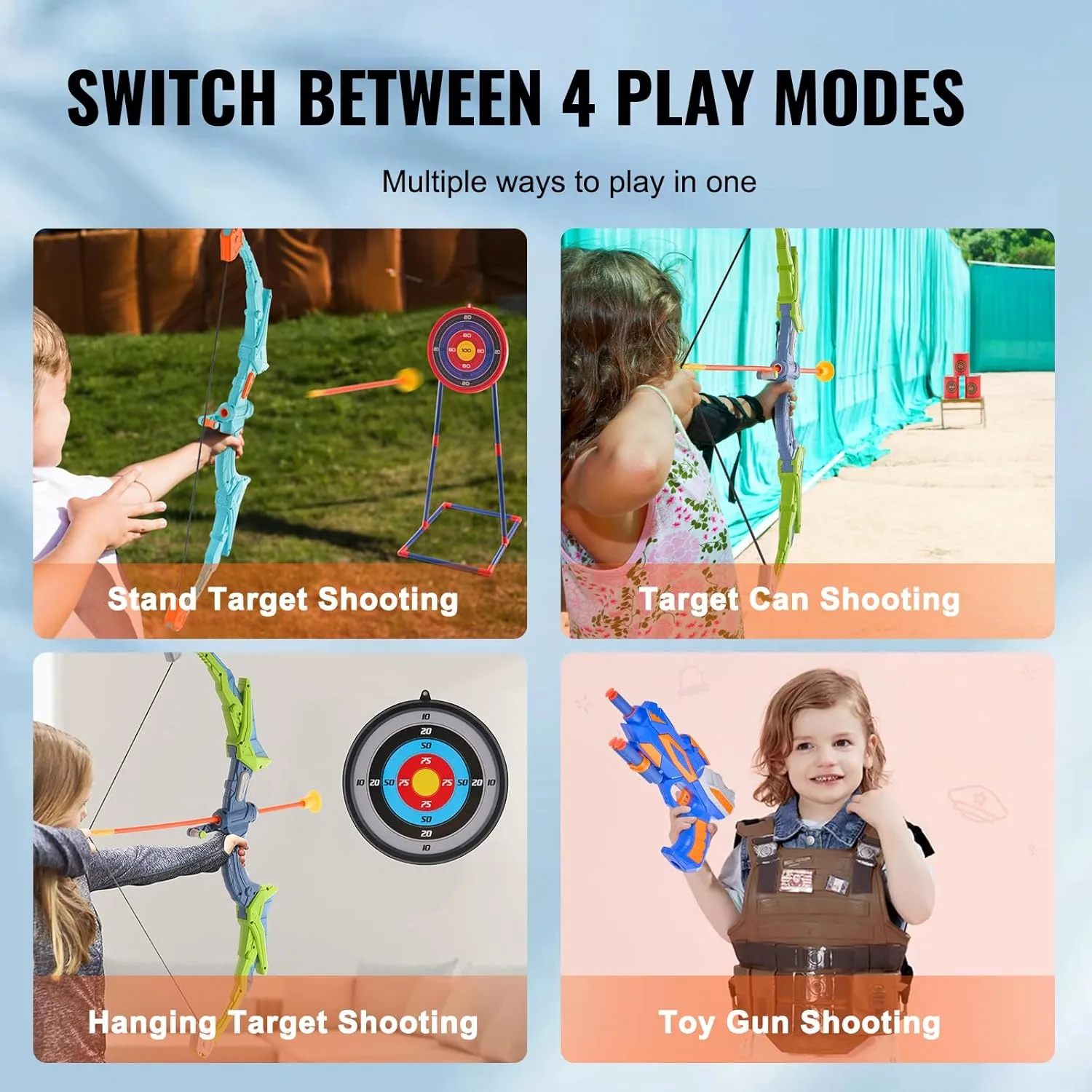 VEVOR Bow and Arrow Set for Kids, 2 Pack LED Light Up Archery Set with 20 Suction Cup Arrows, Indoor Outdoor Toy for Boys Girls Age 4-8 8-12 with Standing Target & 2 Guns, Ideal Gift for Kids