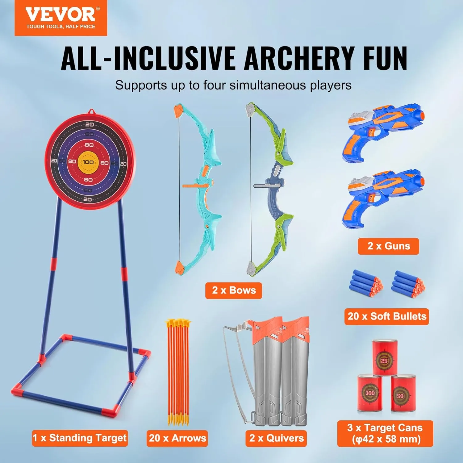VEVOR Bow and Arrow Set for Kids, 2 Pack LED Light Up Archery Set with 20 Suction Cup Arrows, Indoor Outdoor Toy for Boys Girls Age 4-8 8-12 with Standing Target & 2 Guns, Ideal Gift for Kids