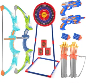 VEVOR Bow and Arrow Set for Kids, 2 Pack LED Light Up Archery Set with 20 Suction Cup Arrows, Indoor Outdoor Toy for Boys Girls Age 4-8 8-12 with Standing Target & 2 Guns, Ideal Gift for Kids