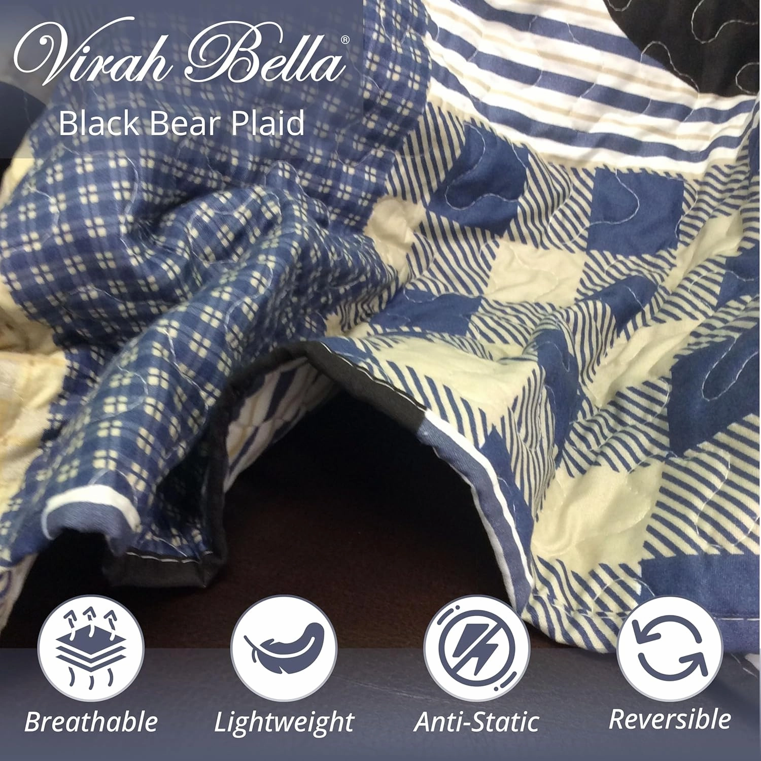 Virah Bella 3 Piece King Lodge Quilt Bedding Set - Black Bear Plaid - Rustic Cabin Country Reversible Camping Comforter Set with Decorative Pillow Shams, Blue/Black