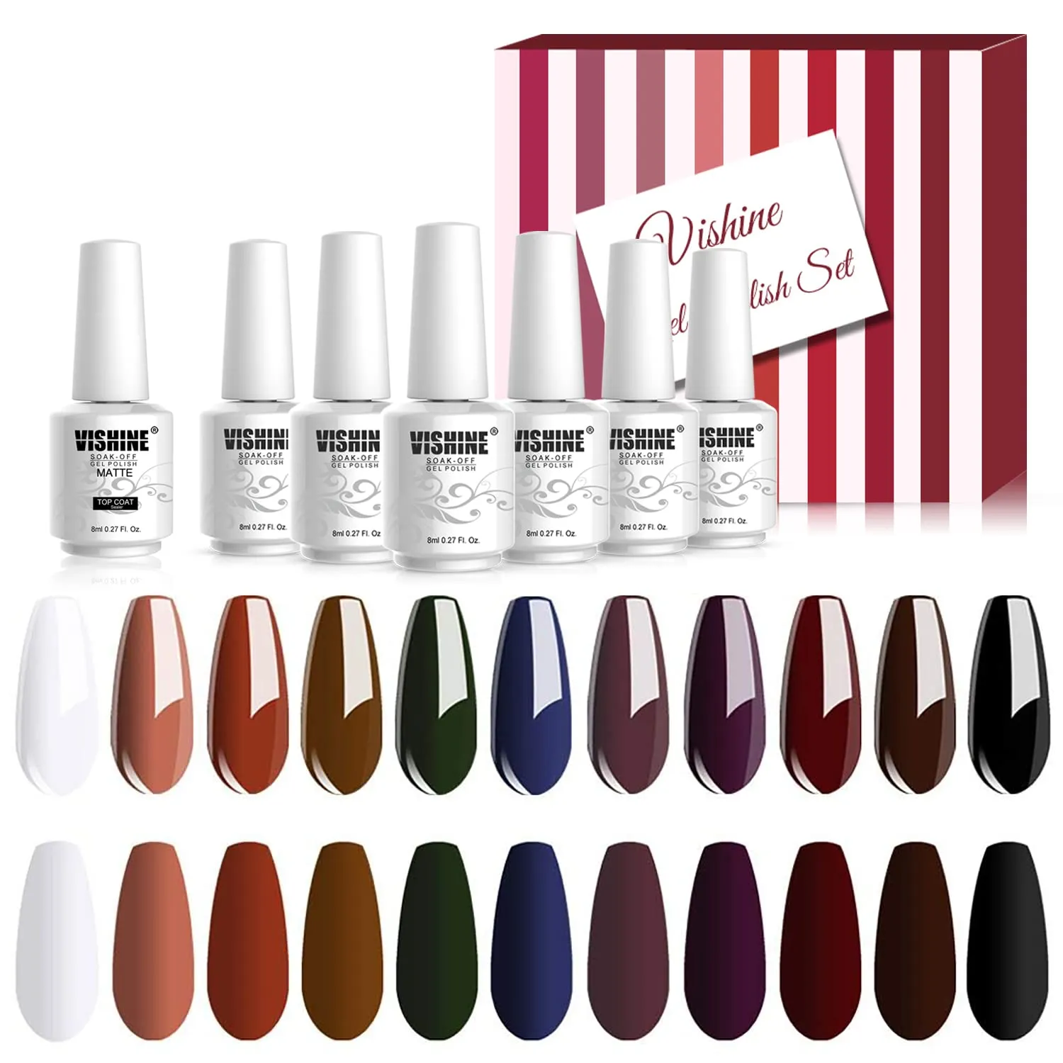 Vishine Fall-Winter Gel Nail Polish Kit 11 Colors Classic Series with Matt Top Coat, 8ml Each Manicure Gift Set