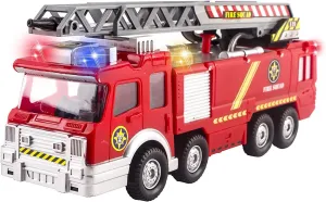 Vokodo Fire Truck Toy Rescue with Shooting Water, Lights and Sirens Sounds, Extending Ladder and Water Pump Hose, Bump and Go Action