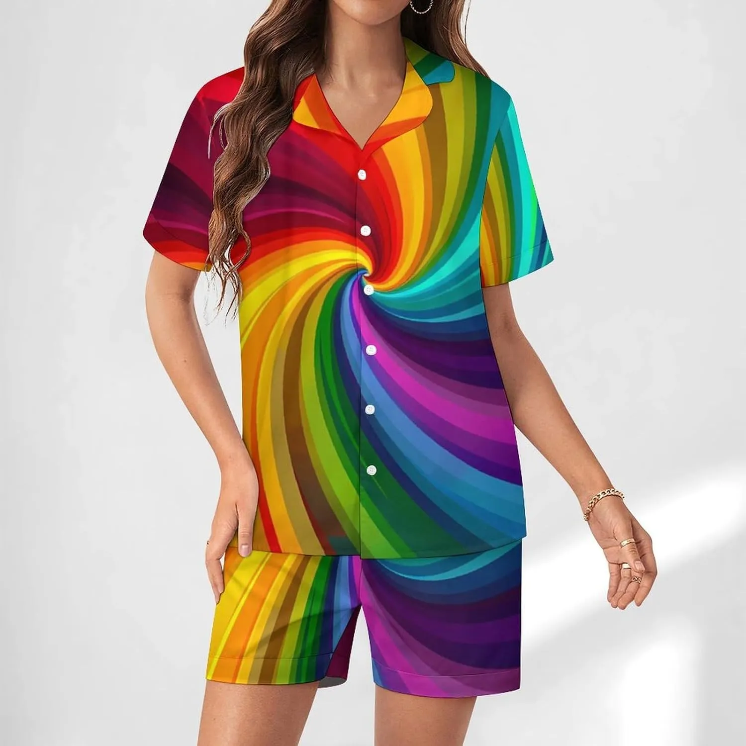 Vortex Swirling Colorful Rainbow Women's Satin Pajama Set Short Sleeve Button Down Sleepwear Loungewear Pj Set