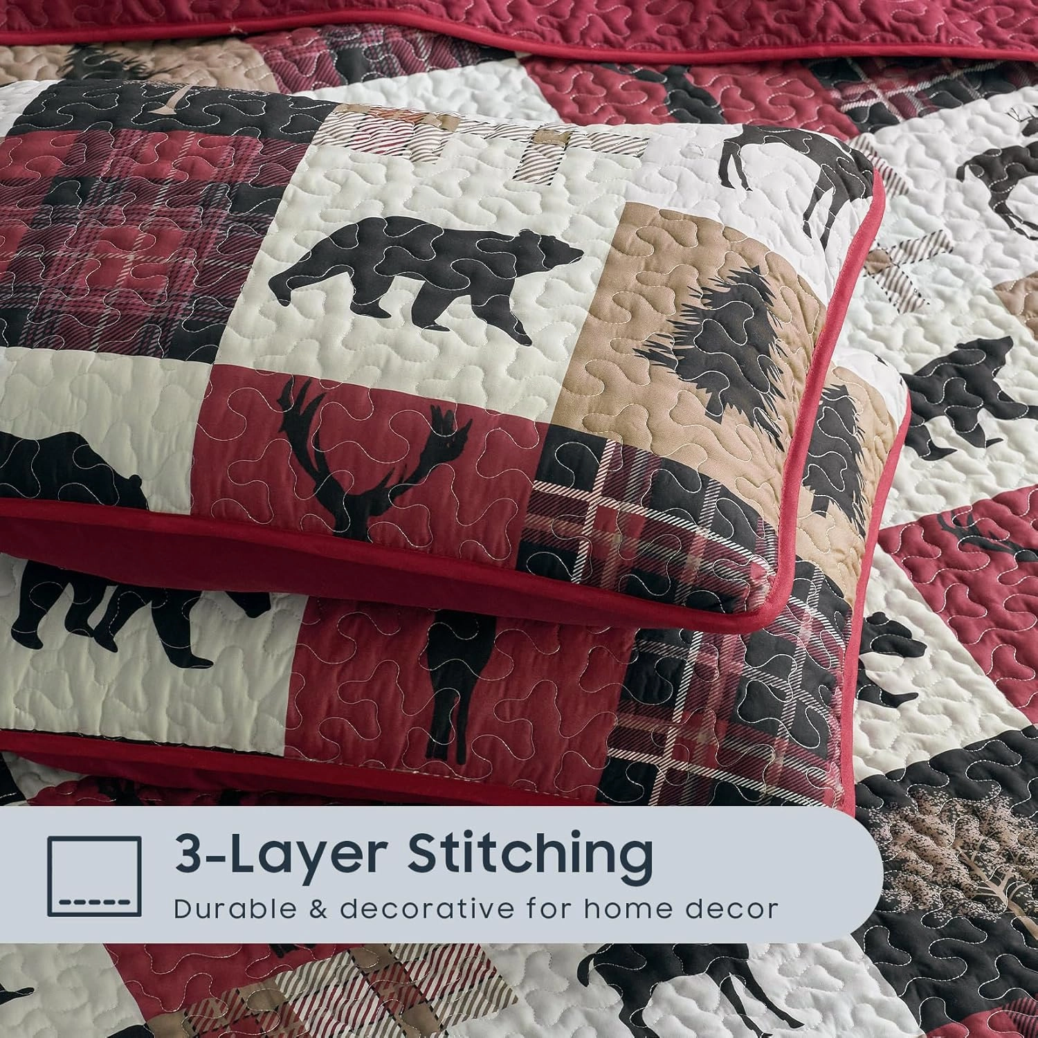 Wake In Cloud - Rustic Quilt Set, Cabin Lodge Christmas Bear Moose Deer Wildlife Western Patchwork Country, Reversible Lightweight Bedspread Coverlet, 3 Pieces, Burgundy Black, Twin/Twin XL Size