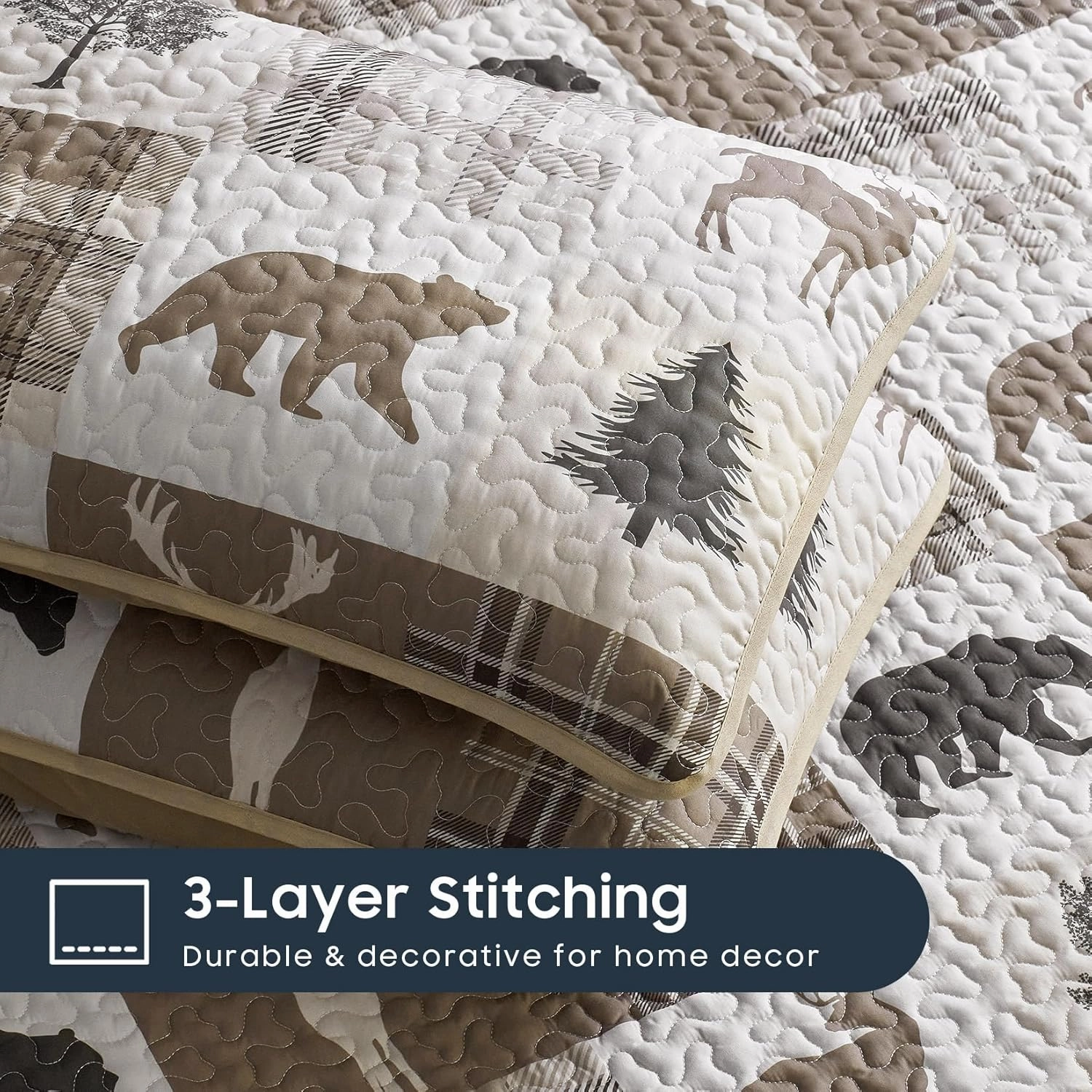 Wake In Cloud - Rustic Quilt Set, Cabin Lodge Christmas Bear Moose Deer Wildlife Western Patchwork Country, Reversible Lightweight Bedspread Coverlet, 3 Pieces, Tan Brown, King Size