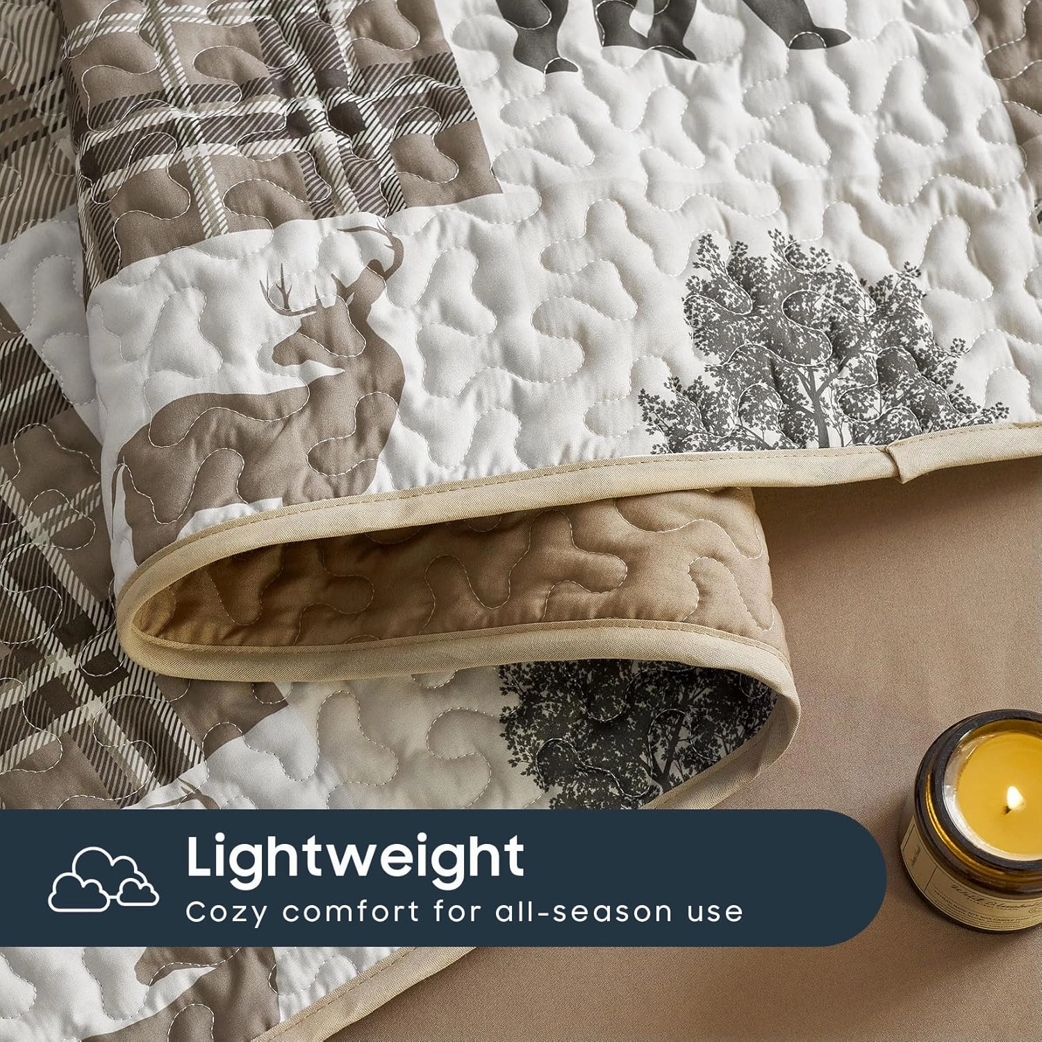 Wake In Cloud - Rustic Quilt Set, Cabin Lodge Christmas Bear Moose Deer Wildlife Western Patchwork Country, Reversible Lightweight Bedspread Coverlet, 3 Pieces, Tan Brown, King Size