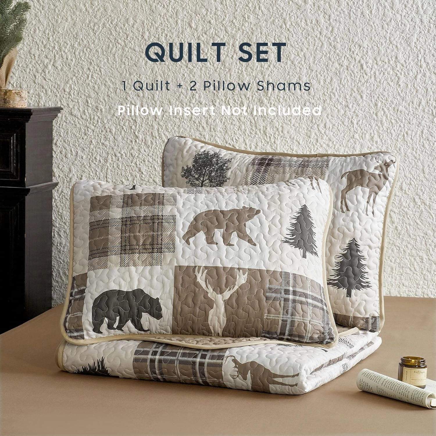 Wake In Cloud - Rustic Quilt Set, Cabin Lodge Christmas Bear Moose Deer Wildlife Western Patchwork Country, Reversible Lightweight Bedspread Coverlet, 3 Pieces, Tan Brown, King Size