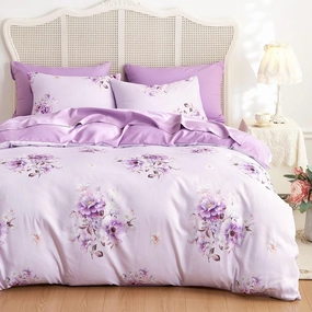 Wake In Cloud - Shabby Chic Comforter Set, Floral Farmhouse Cottagecore Vintage Colorful Pastel Spring Flowers, Soft Lightweight Bedding for Women Girls, 3 Pieces, Purple, King Size