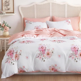 Wake In Cloud - Shabby Chic Comforter Set, Floral Farmhouse Cottagecore Vintage Colorful Pastel Spring Flowers, Soft Lightweight Bedding for Women Girls, 3 Pieces, White Pink, Queen Size