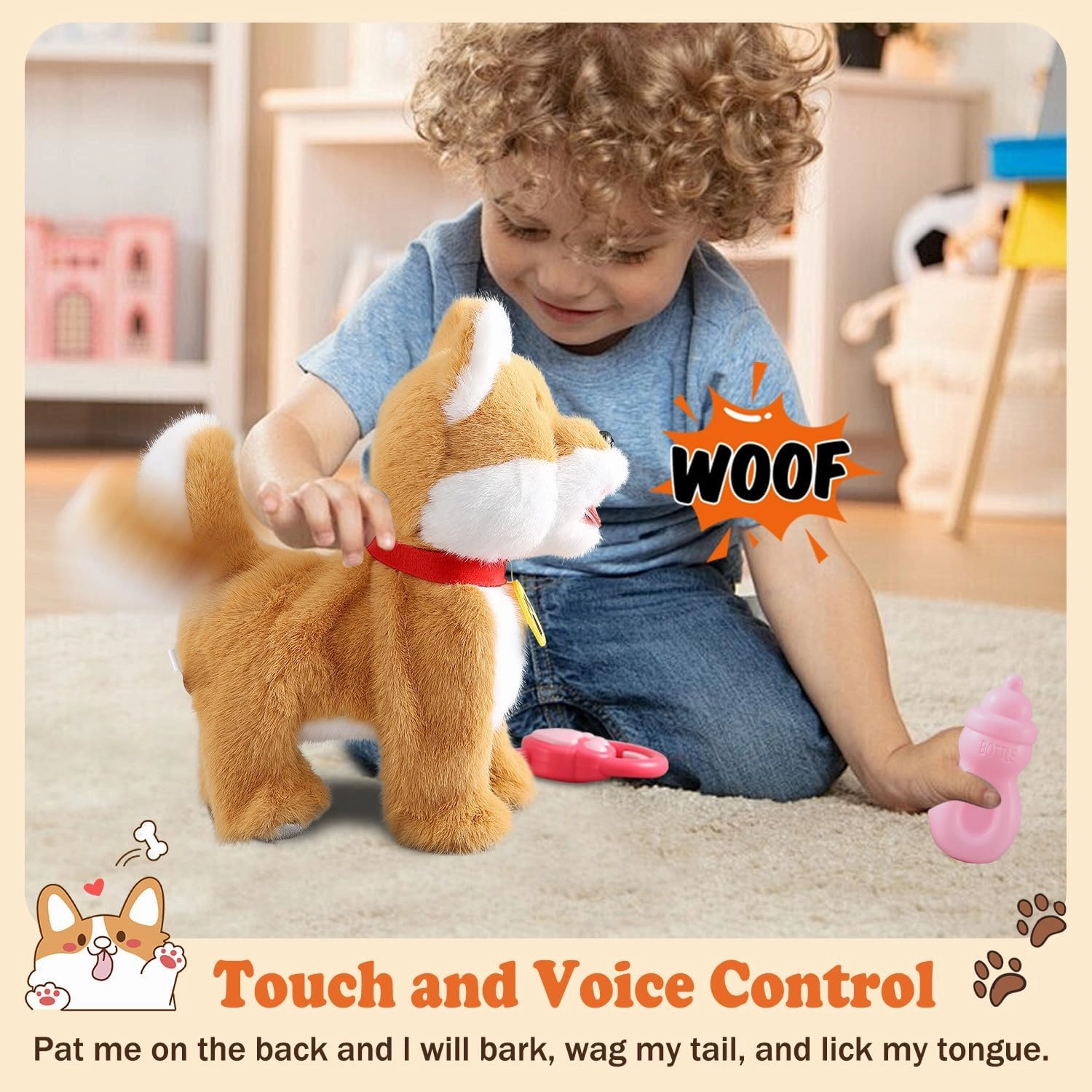Walking Barking Singing Corgi Puppy Toy, Repeats What You Say, Realistic Licking Tongue Wagging Tail Mechanical Dog with Touch or Voice Control, Interactive Music Dancing Plush Pet for Kids