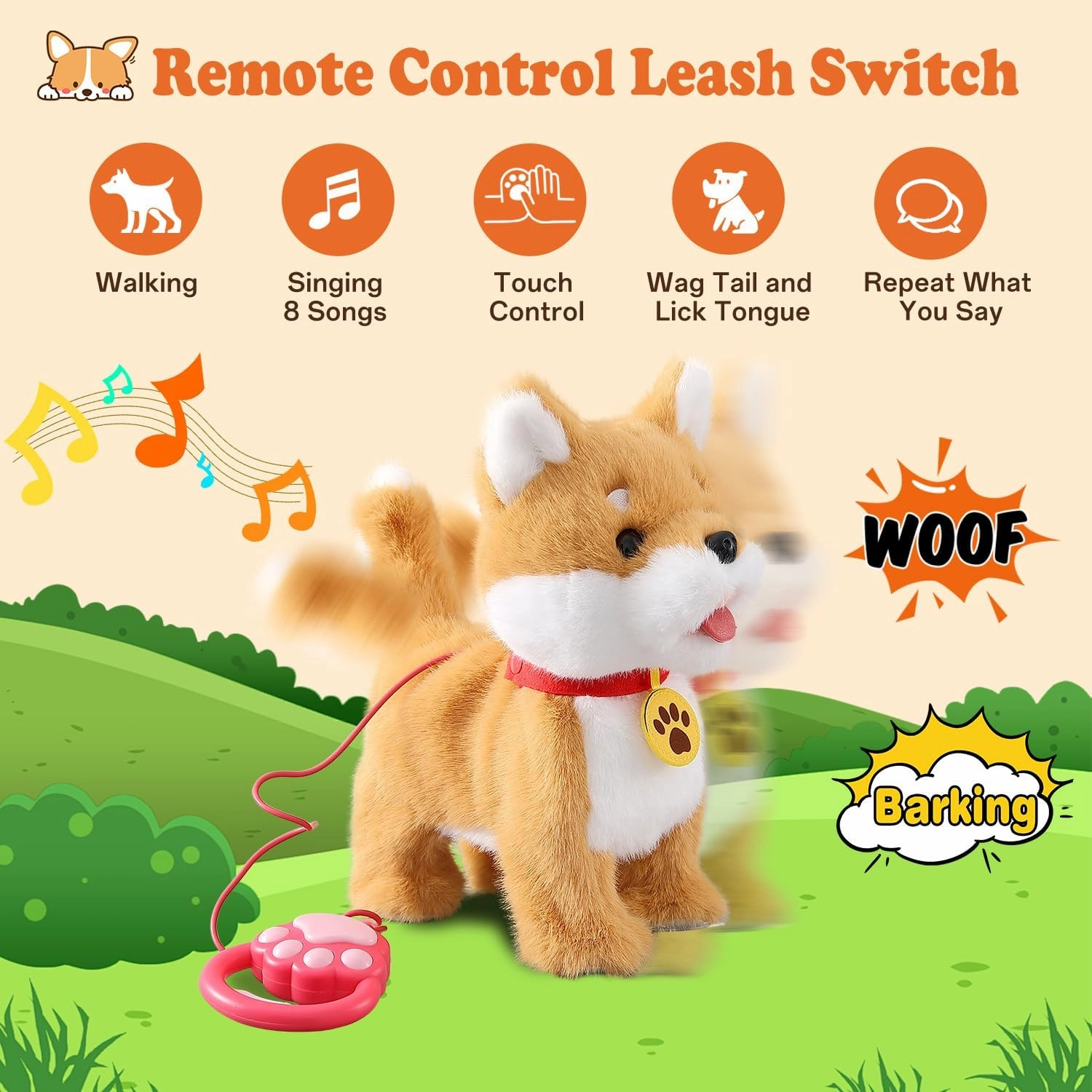 Walking Barking Singing Corgi Puppy Toy, Repeats What You Say, Realistic Licking Tongue Wagging Tail Mechanical Dog with Touch or Voice Control, Interactive Music Dancing Plush Pet for Kids