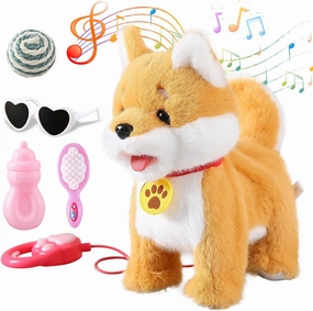 Walking Barking Singing Corgi Puppy Toy, Repeats What You Say, Realistic Licking Tongue Wagging Tail Mechanical Dog with Touch or Voice Control, Interactive Music Dancing Plush Pet for Kids