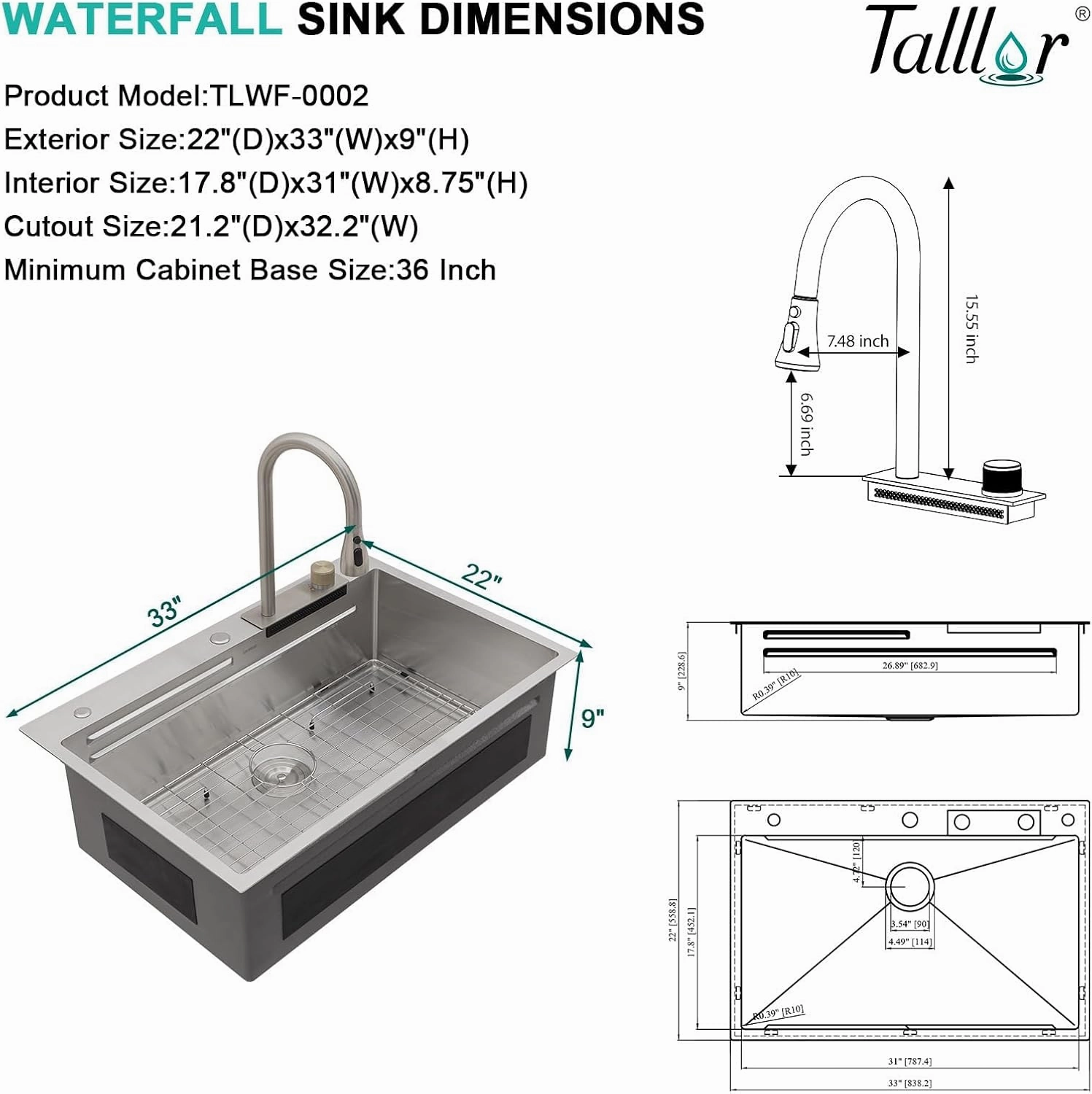 Waterfall Kitchen Sink - Multifunctional Workstation 33x22 Drop In Kitchen Sink 304 Stainless Steel Single Bowl Large All-In-One Smart Sinks with Faucet Combo #TLWF-0002