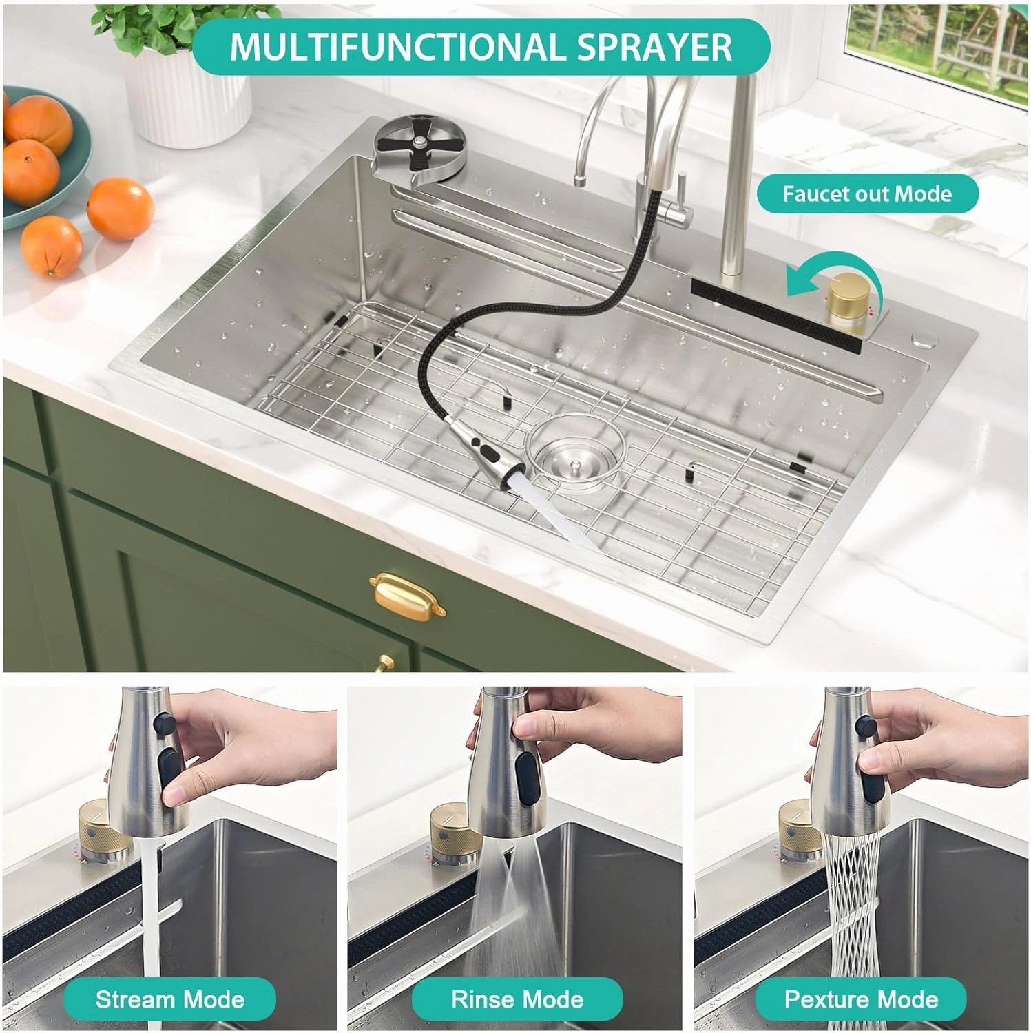 Waterfall Kitchen Sink - Multifunctional Workstation 33x22 Drop In Kitchen Sink 304 Stainless Steel Single Bowl Large All-In-One Smart Sinks with Faucet Combo #TLWF-0002