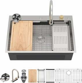 Waterfall Kitchen Sink - Multifunctional Workstation 33x22 Drop In Kitchen Sink 304 Stainless Steel Single Bowl Large All-In-One Smart Sinks with Faucet Combo #TLWF-0002