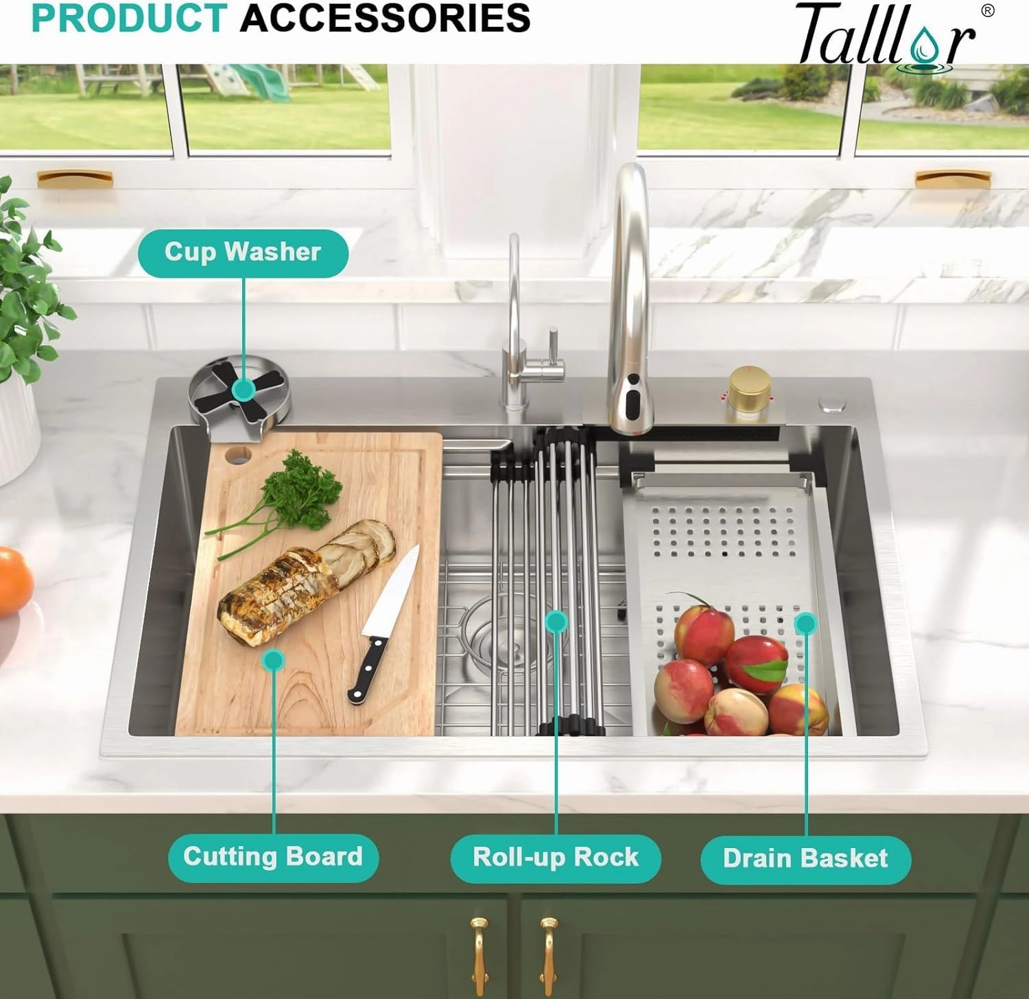 Waterfall Kitchen Sink - Multifunctional Workstation 33x22 Drop In Kitchen Sink 304 Stainless Steel Single Bowl Large All-In-One Smart Sinks with Faucet Combo #TLWF-0002