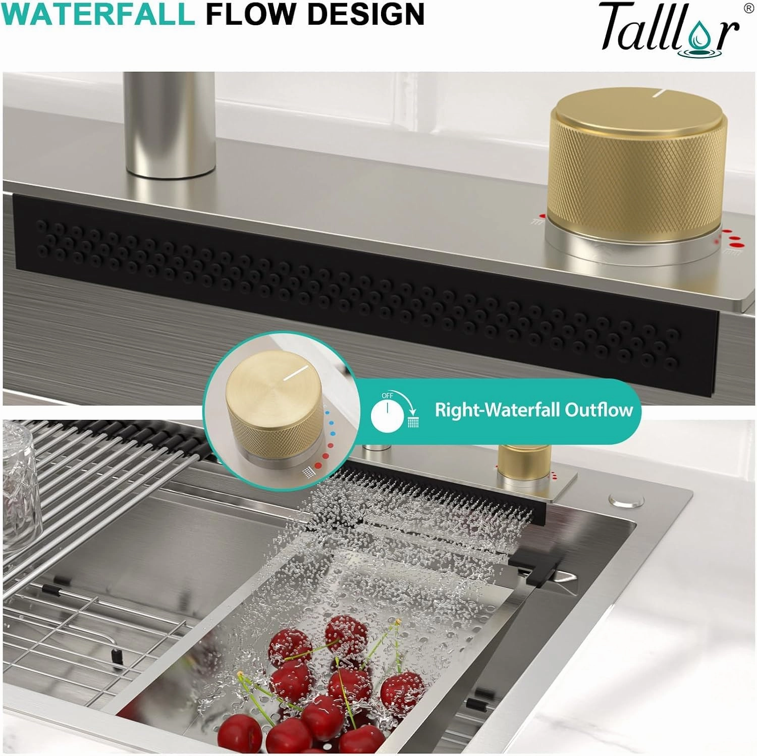 Waterfall Kitchen Sink - Multifunctional Workstation 33x22 Drop In Kitchen Sink 304 Stainless Steel Single Bowl Large All-In-One Smart Sinks with Faucet Combo #TLWF-0002